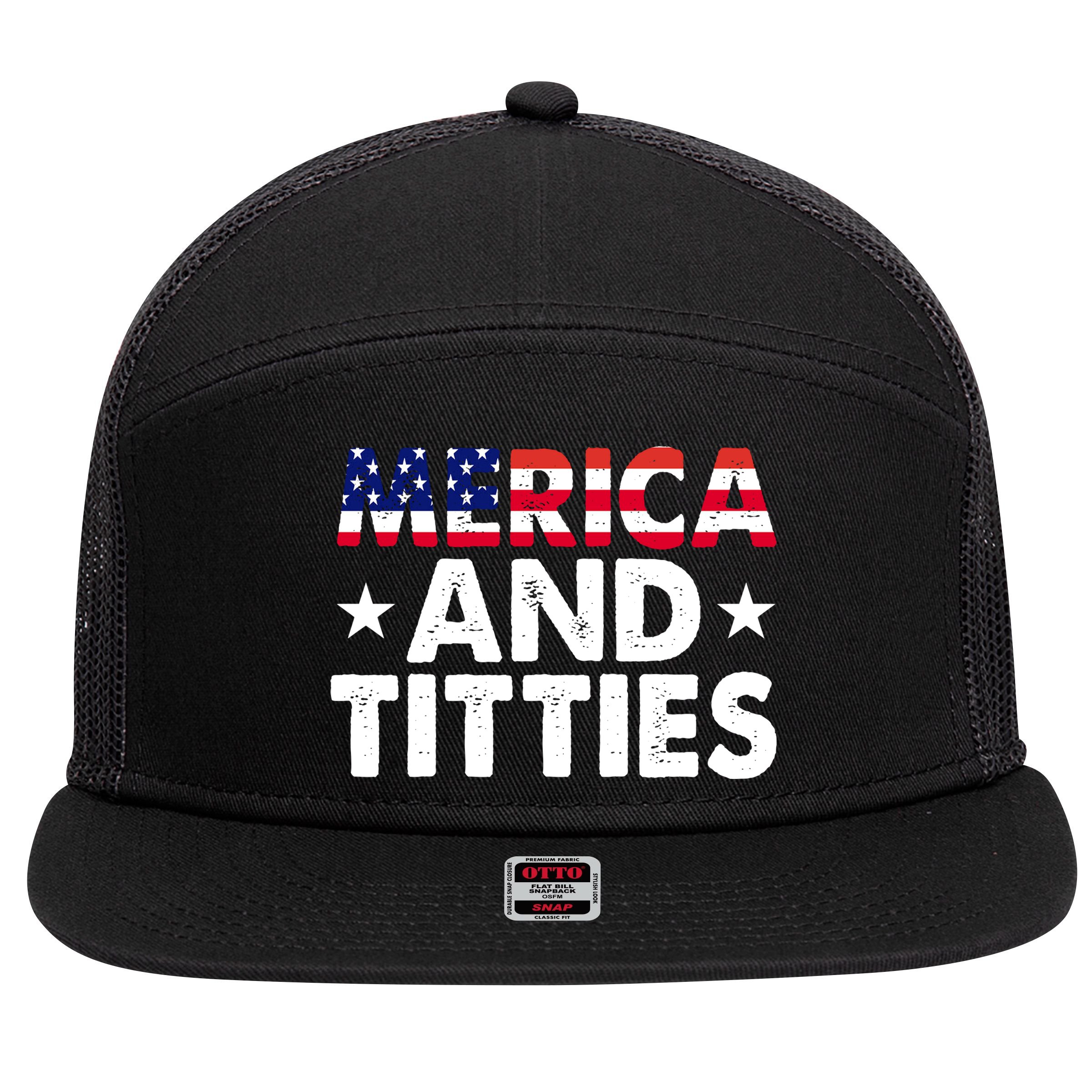 Merica And Titties Funny Patriotic Usa 7 Panel Mesh Trucker Snapback Hat