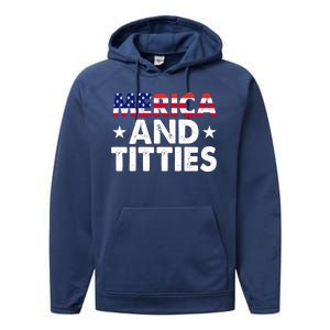 Merica And Titties Funny Patriotic Usa Performance Fleece Hoodie