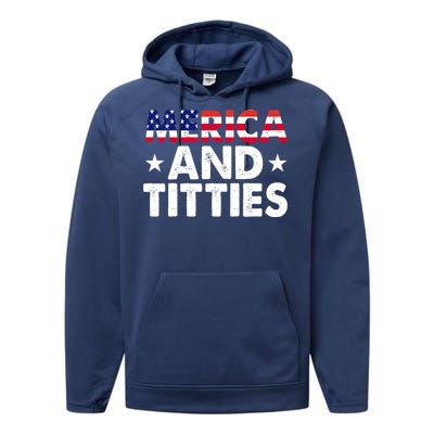 Merica And Titties Funny Patriotic Usa Performance Fleece Hoodie