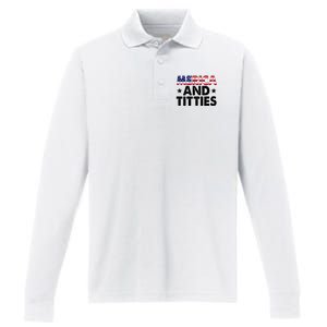 Merica And Titties Funny Patriotic Usa Performance Long Sleeve Polo