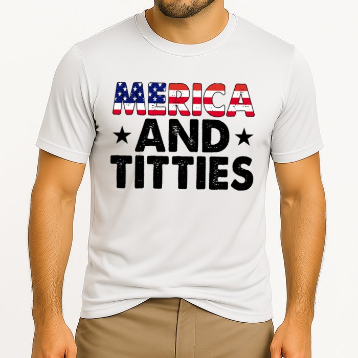 Merica And Titties Funny Patriotic Usa Cooling Performance Crew T-Shirt