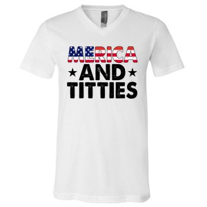 Merica And Titties Funny Patriotic Usa V-Neck T-Shirt