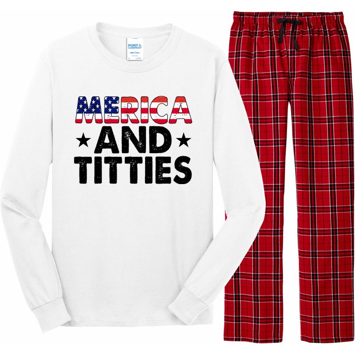 Merica And Titties Funny Patriotic Usa Long Sleeve Pajama Set