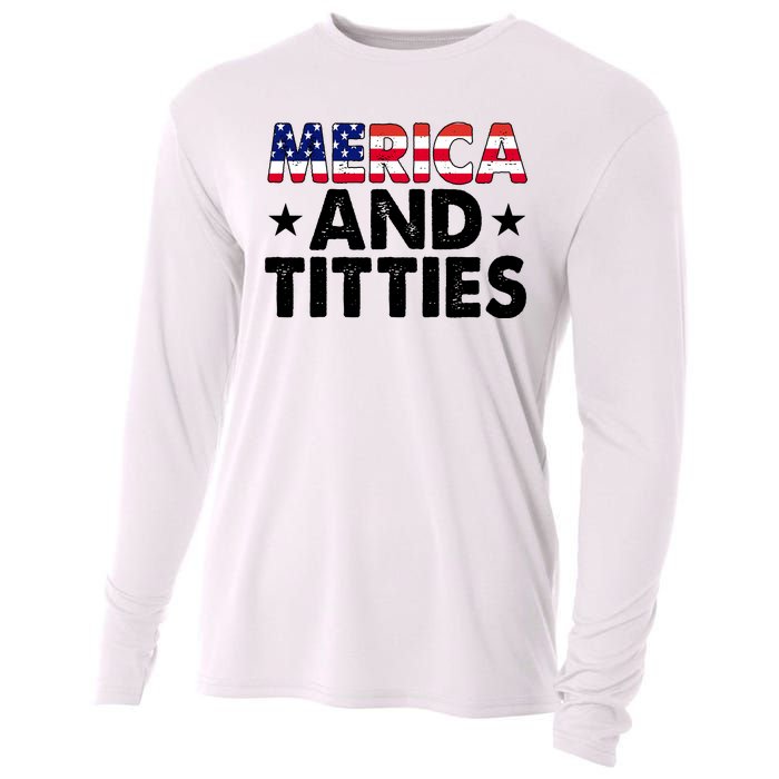 Merica And Titties Funny Patriotic Usa Cooling Performance Long Sleeve Crew