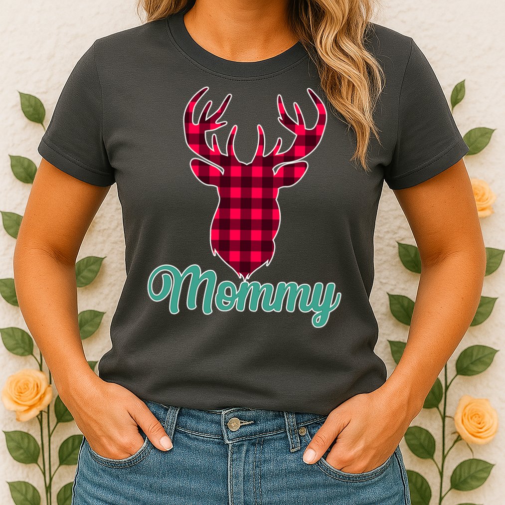 Matching Holiday Family Plaid Reindeer Mommy Womens T-Shirt