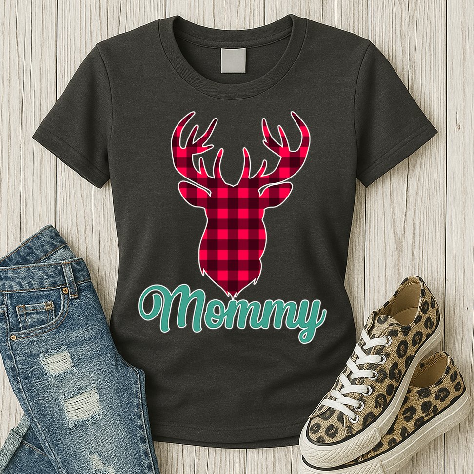 Matching Holiday Family Plaid Reindeer Mommy Womens T-Shirt