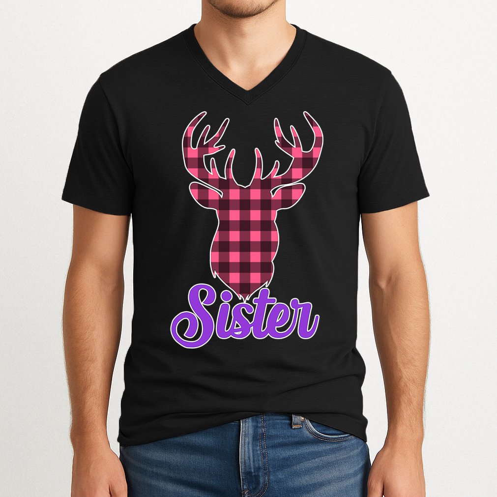 Matching Holiday Family Plaid Reindeer Sister V-Neck T-Shirt