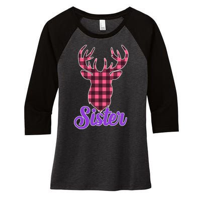 Matching Holiday Family Plaid Reindeer Sister Women's Tri-Blend 3/4-Sleeve Raglan Shirt