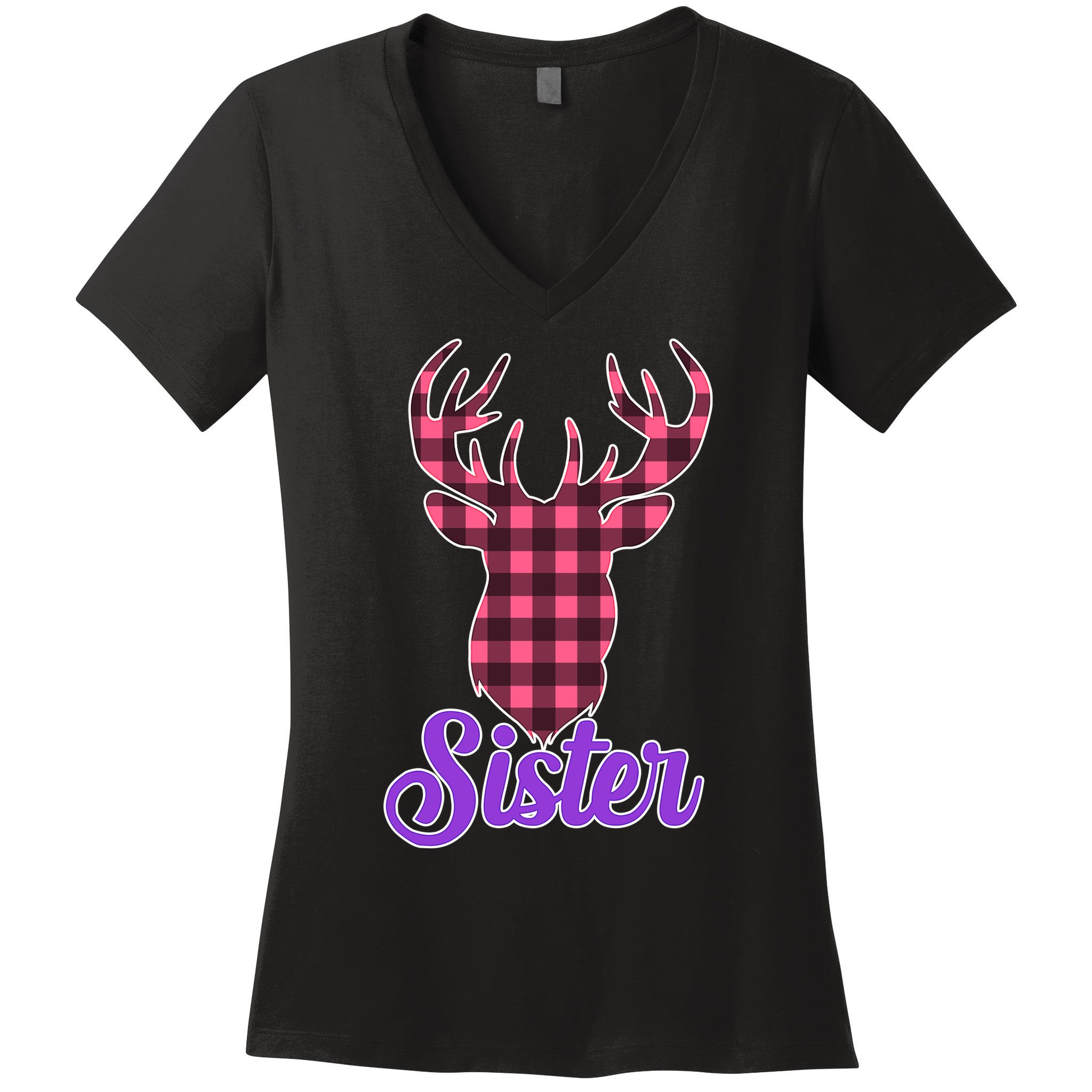 Matching Holiday Family Plaid Reindeer Sister Women's V-Neck T-Shirt