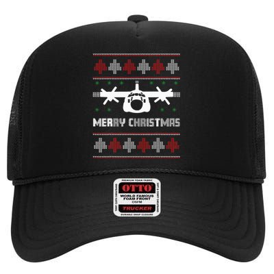 Military Airplane Ugly Christmas Sweater Army Veteran Xmas High Crown Mesh Back Trucker Hat