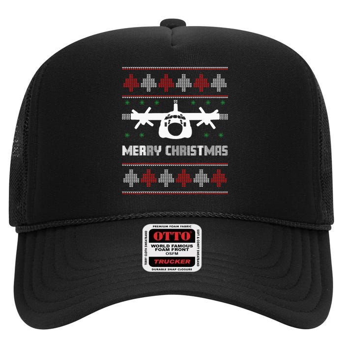 Military Airplane Ugly Christmas Sweater Army Veteran Xmas High Crown Mesh Back Trucker Hat