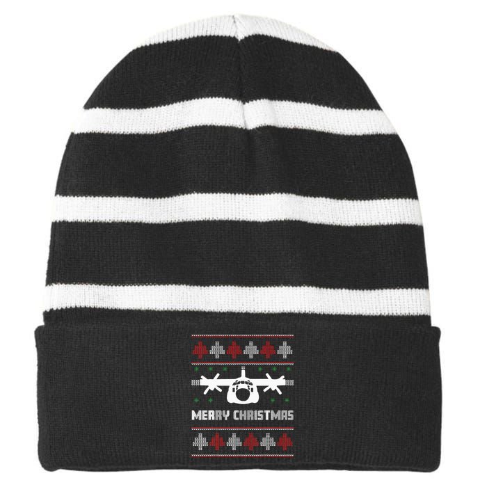 Military Airplane Ugly Christmas Sweater Army Veteran Xmas Striped Beanie with Solid Band