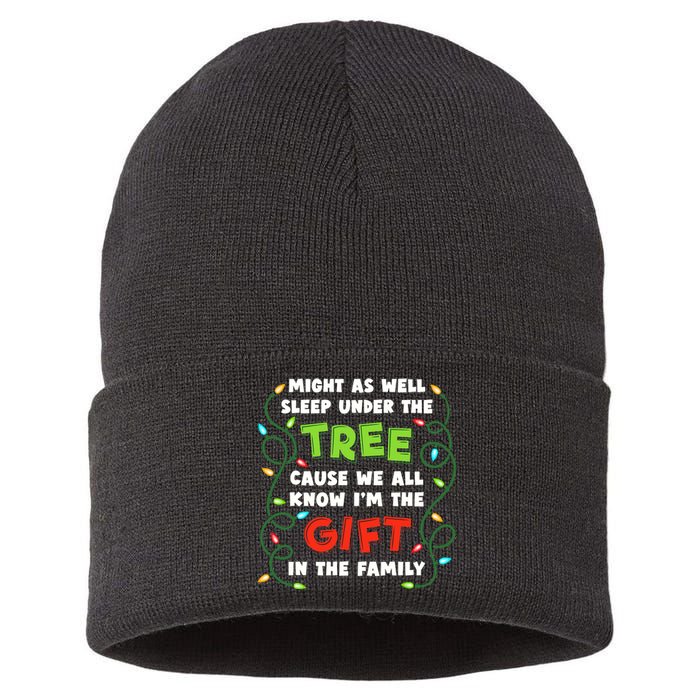 Might As Well Sleep Under The Tree Humor Favorite Person Funny Christmas Sustainable Knit Beanie