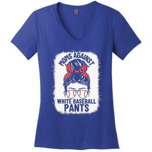 Moms Against White Baseball Pants Baseball Messy Bun Mom Women's V-Neck T-Shirt