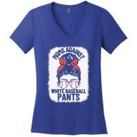 Moms Against White Baseball Pants Baseball Messy Bun Mom Women's V-Neck T-Shirt