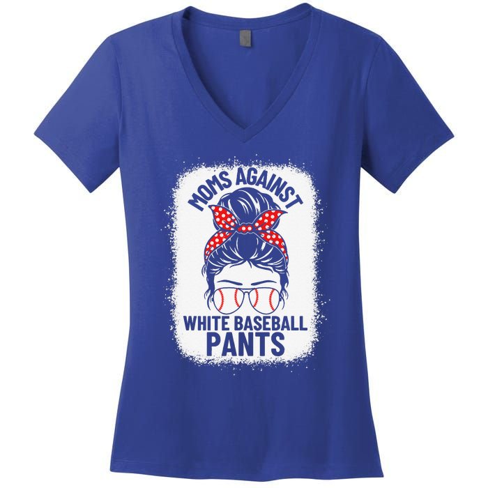 Moms Against White Baseball Pants Baseball Messy Bun Mom Women's V-Neck T-Shirt