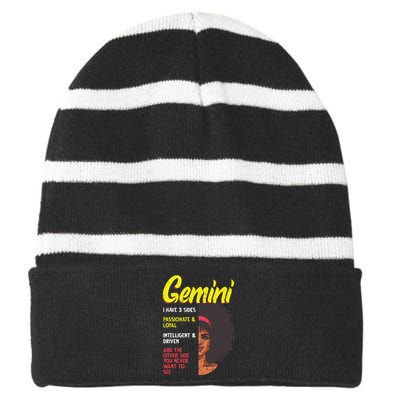 Melanin Afro Women Zodiac Sign Gemini Striped Beanie with Solid Band