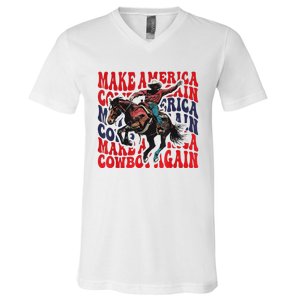 Make America Western Cowboy Again Retro 4th Of July Usa Flag V-Neck T-Shirt