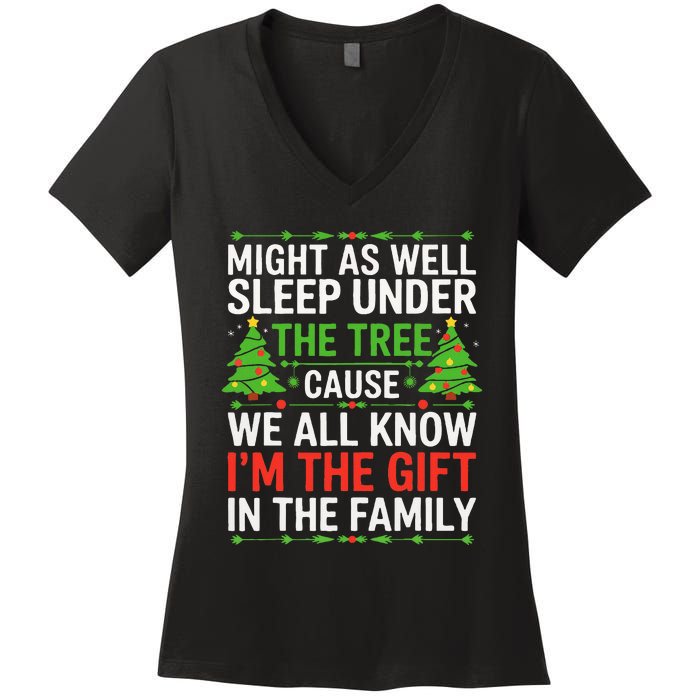 Might As Well Sleep Under The Tree Christmas Pajamas Women's V-Neck T-Shirt