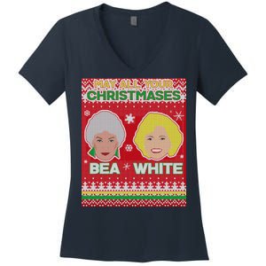 May All Your Christmases Bea White Ugly Christmas Women's V-Neck T-Shirt