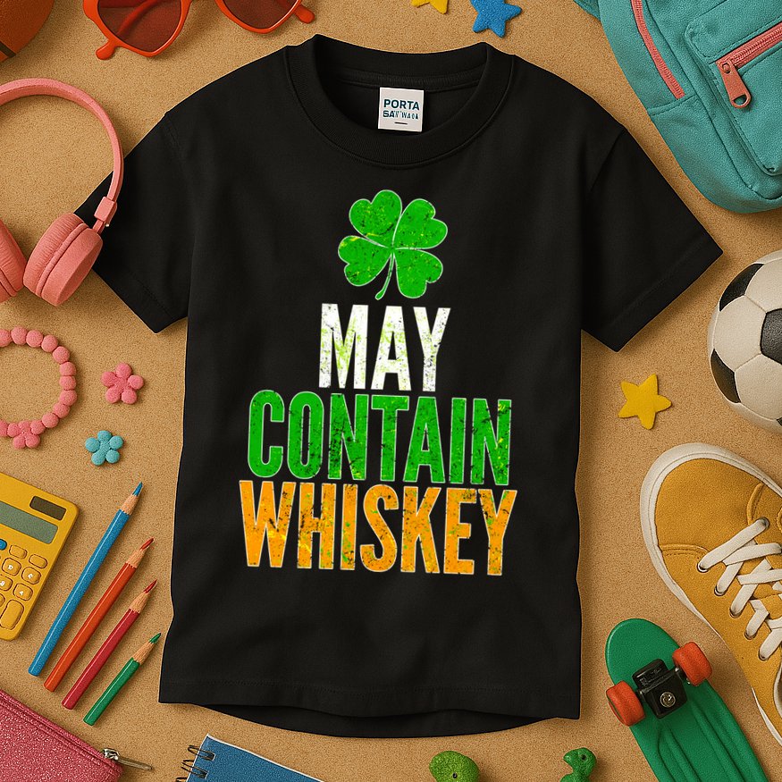 May Contain Whiskey Funny St Patricks Day Kids T-Shirt