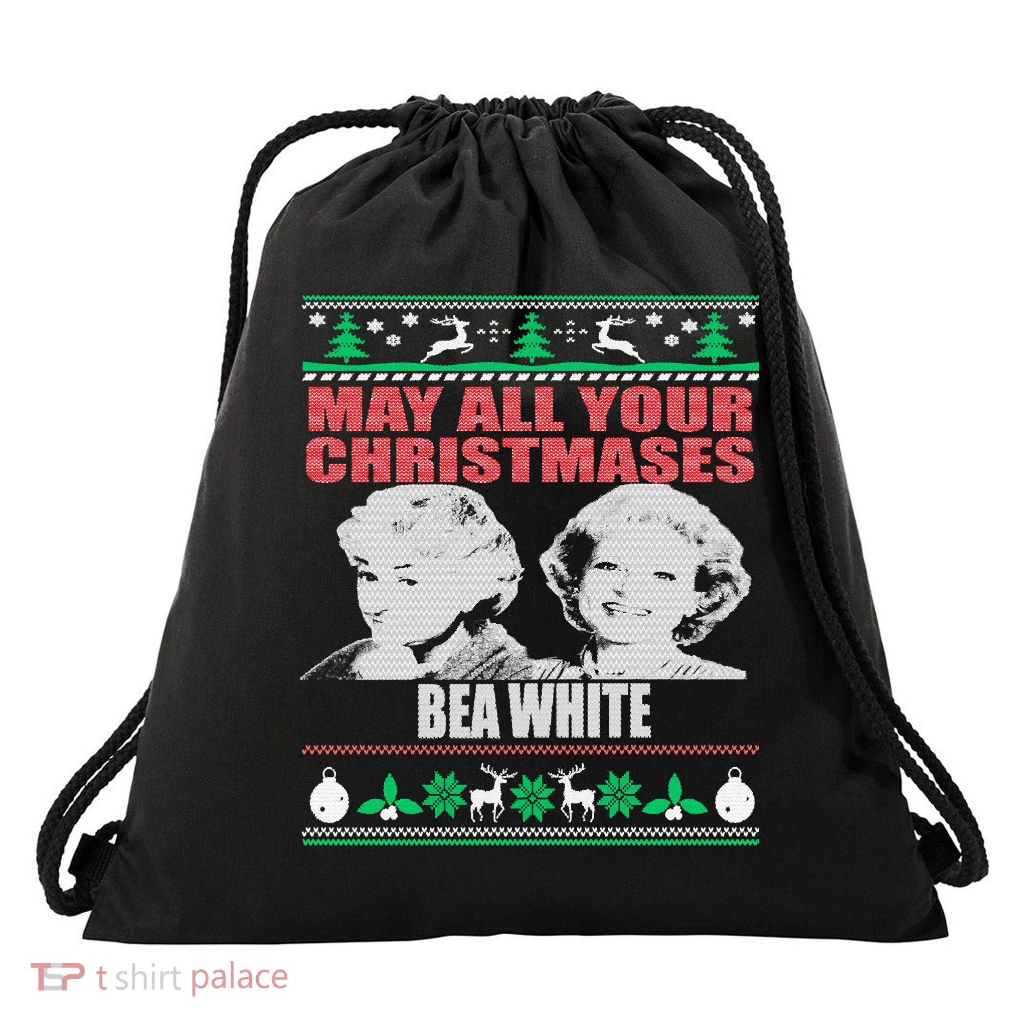 May All Your Christmases Bea White Drawstring Bag