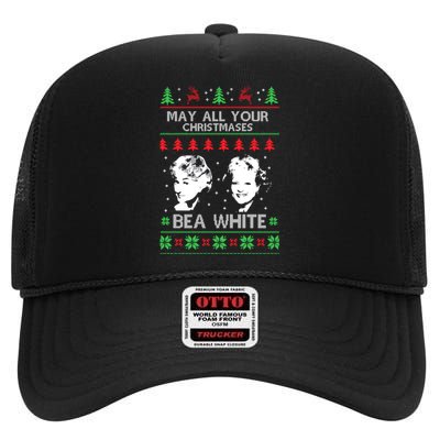 May All Your Christmases Bea White Funny Holiday Festive High Crown Mesh Back Trucker Hat