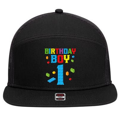 Master Builder 1st Birthday Boy 1 One Year Building Bricks 7 Panel Mesh Trucker Snapback Hat