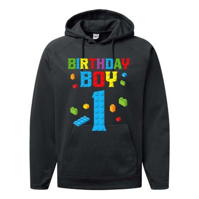 Master Builder 1st Birthday Boy 1 One Year Building Bricks Performance Fleece Hoodie