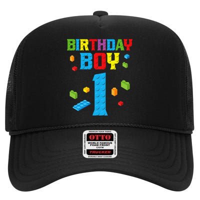 Master Builder 1st Birthday Boy 1 One Year Building Bricks High Crown Mesh Back Trucker Hat