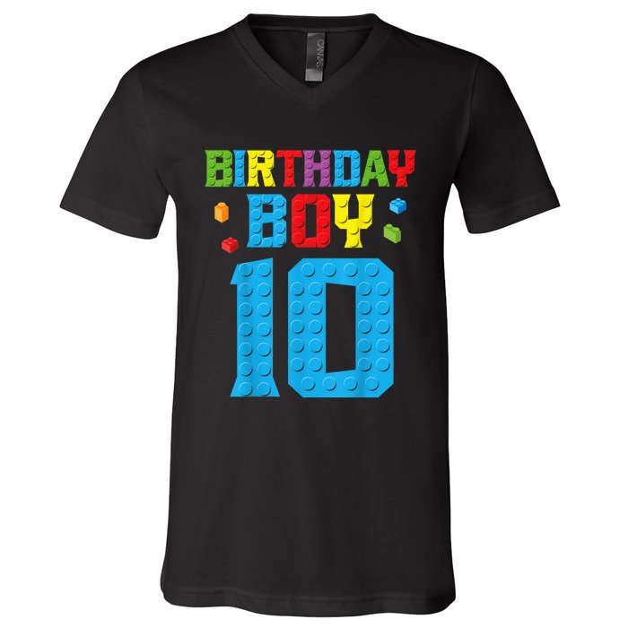 Master Builder 10th Birthday Boy Ten 10 Year Building Bricks V-Neck T-Shirt