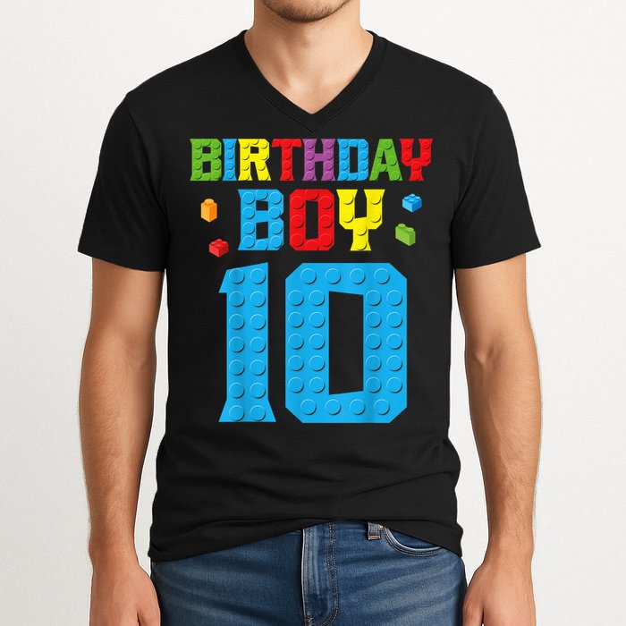 Master Builder 10th Birthday Boy Ten 10 Year Building Bricks V-Neck T-Shirt