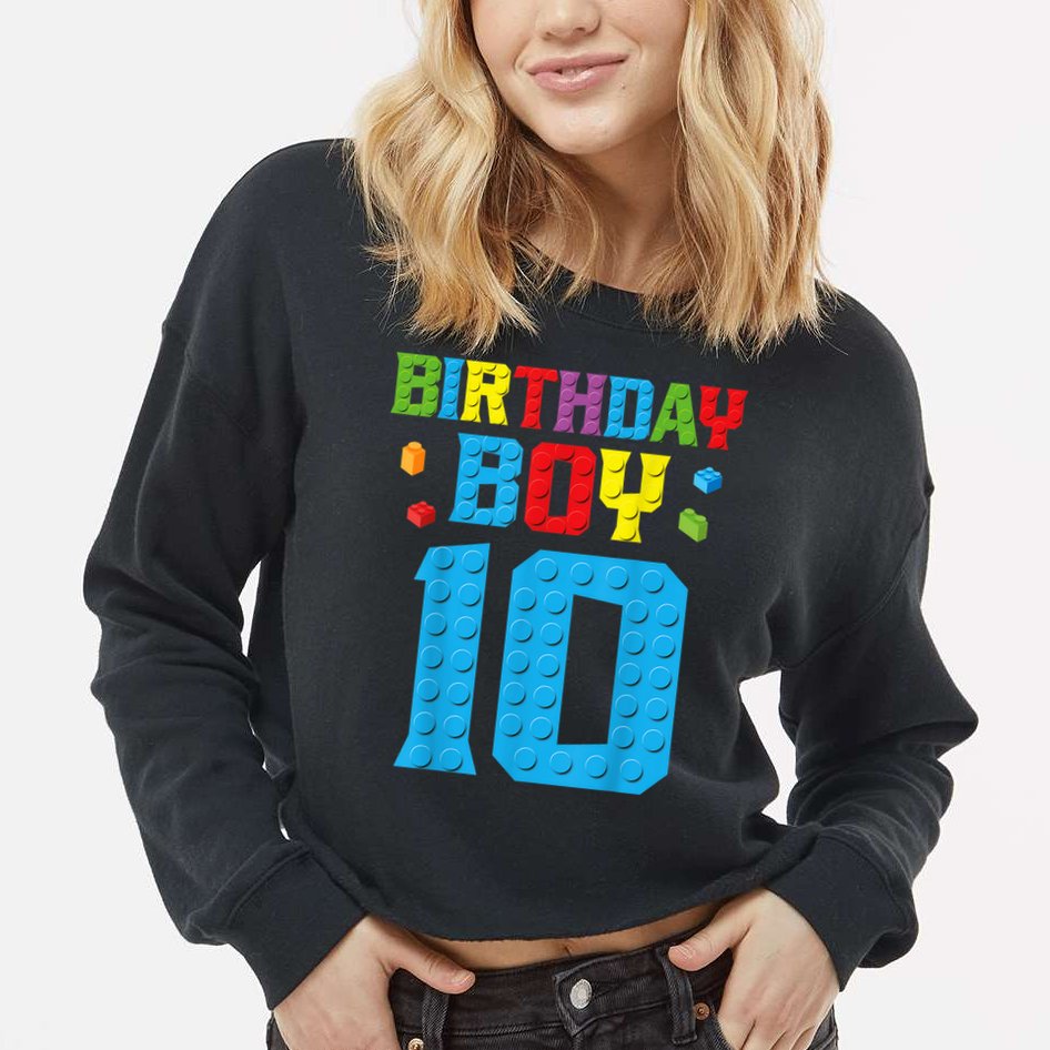 Master Builder 10th Birthday Boy Ten 10 Year Building Bricks Cropped Pullover Crew