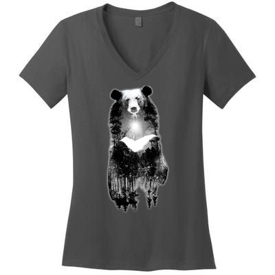 Moon Bear Wilderness Double Exposure Women's V-Neck T-Shirt