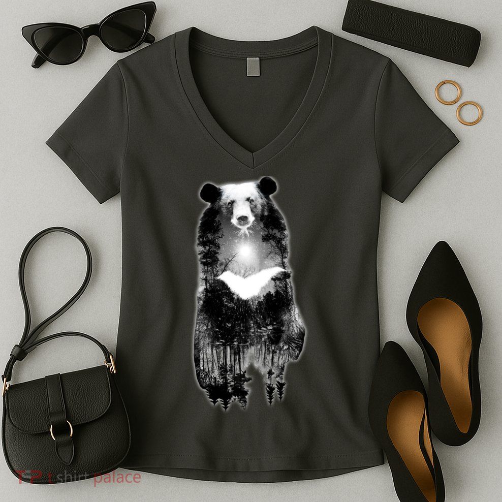 Moon Bear Wilderness Double Exposure Women's V-Neck T-Shirt