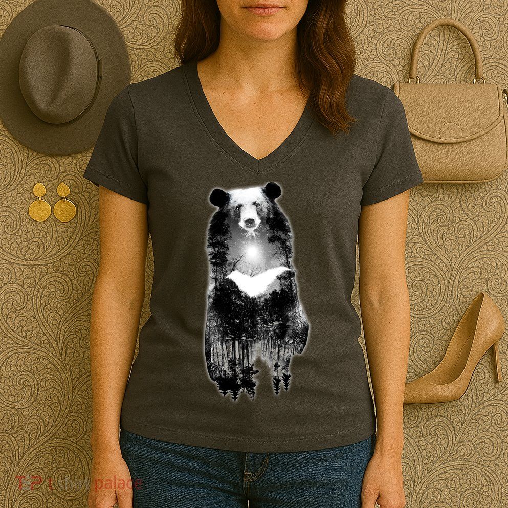 Moon Bear Wilderness Double Exposure Women's V-Neck T-Shirt