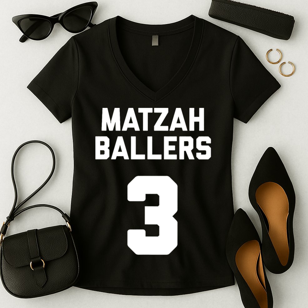 Matzah Baller 3 Funny Jewish Matzo Ball Pun Basketball Team Women's V-Neck T-Shirt