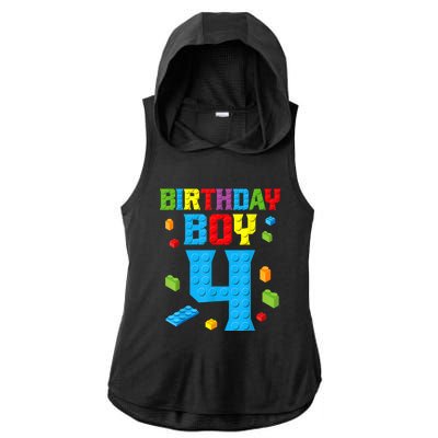 Master Builder 4th Birthday Boy 4 Four Year Building Bricks Ladies PosiCharge Tri-Blend Wicking Draft Hoodie Tank