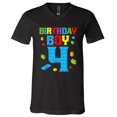 Master Builder 4th Birthday Boy 4 Four Year Building Bricks V-Neck T-Shirt