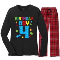 Master Builder 4th Birthday Boy 4 Four Year Building Bricks Women's Long Sleeve Flannel Pajama Set 