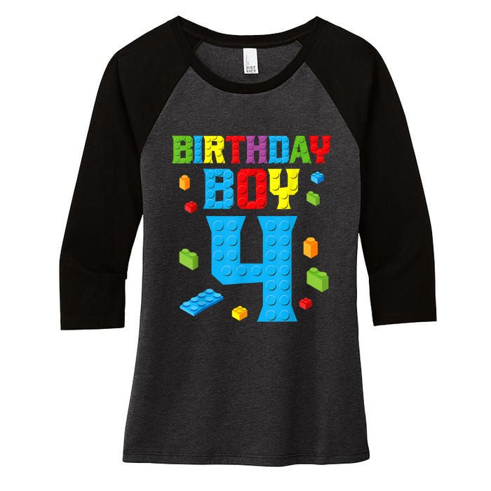 Master Builder 4th Birthday Boy 4 Four Year Building Bricks Women's Tri-Blend 3/4-Sleeve Raglan Shirt