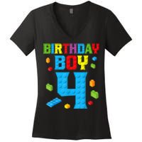 Master Builder 4th Birthday Boy 4 Four Year Building Bricks Women's V-Neck T-Shirt