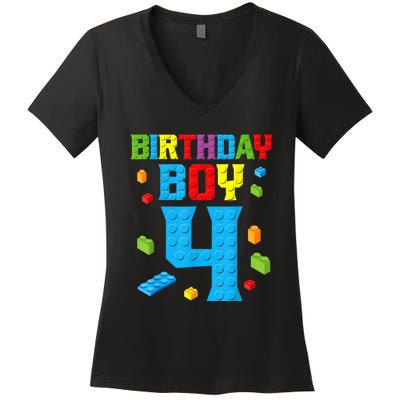 Master Builder 4th Birthday Boy 4 Four Year Building Bricks Women's V-Neck T-Shirt