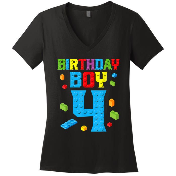 Master Builder 4th Birthday Boy 4 Four Year Building Bricks Women's V-Neck T-Shirt