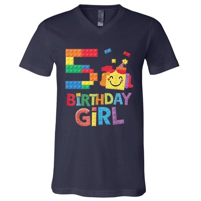 Master Builder 5th Birthday Girl 5 Year Old Brick Blocks V-Neck T-Shirt