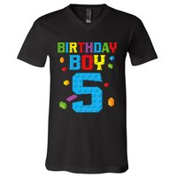 Master Builder 5th Birthday Boy 5 Five Year Building Bricks V-Neck T-Shirt