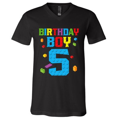 Master Builder 5th Birthday Boy 5 Five Year Building Bricks V-Neck T-Shirt