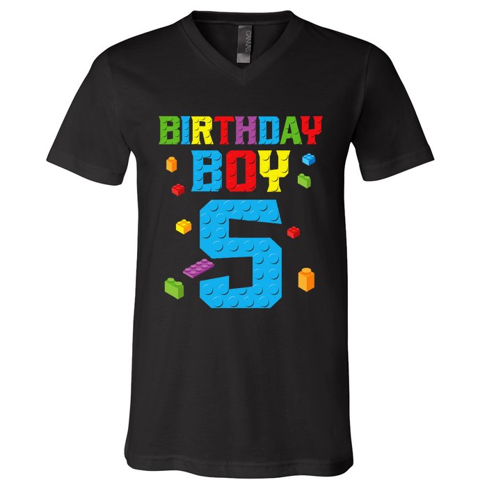 Master Builder 5th Birthday Boy 5 Five Year Building Bricks V-Neck T-Shirt