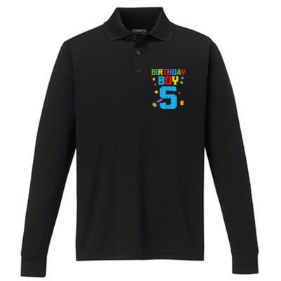 Master Builder 5th Birthday Boy 5 Five Year Building Bricks Performance Long Sleeve Polo