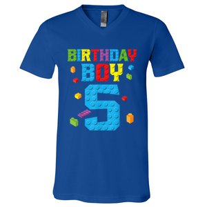 Master Builder 5th Birthday Boy 5 Five Year Building Bricks V-Neck T-Shirt